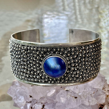 BR 15015 BMP-HANDMADE 925 BALI STERLING SILVER FILIGREE BRACELETS WITH BLUE MABE PEARL